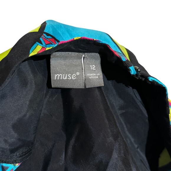 Muse Sz 12 Dress 100% Silk Geometic Blue Black‎ 3/4 Sleeve Green Flare Lined - Picture 4 of 5